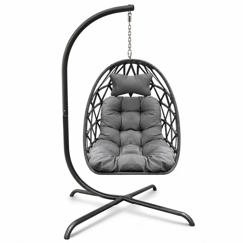 Chaise suspendue en rotin avec coussin gris et support en acier