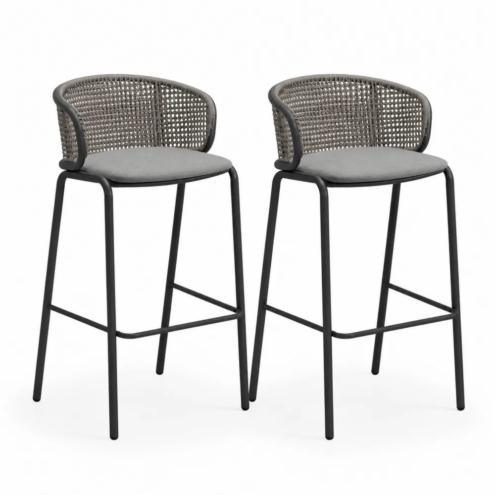 Lot de 2 tabourets de bar en rotin et métal, gris