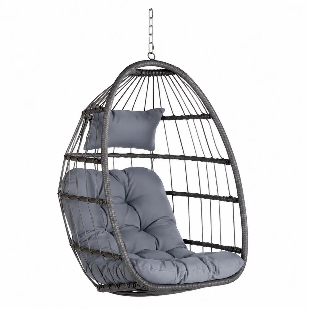 Chaise suspendue en métal et résine tressée avec coussin gris