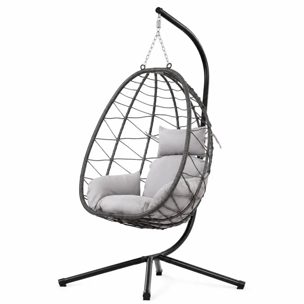 Chaise suspendue en résine tressée avec coussin gris et support en métal
