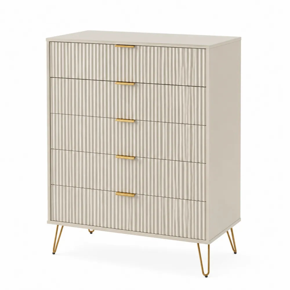 Commode 5 tiroirs en bois beige avec poignées métalliques dorées