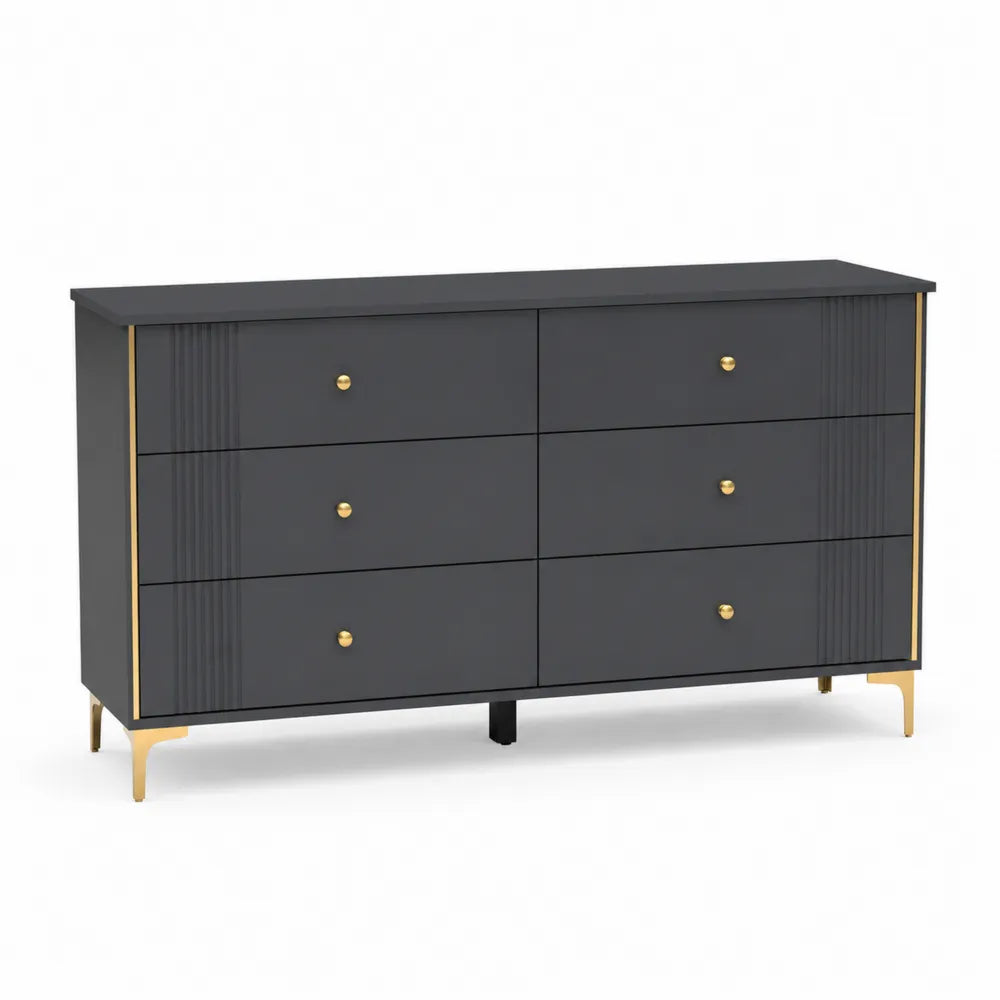 Commode 6 Tiroirs en MDF et Métal avec Finition Dorée