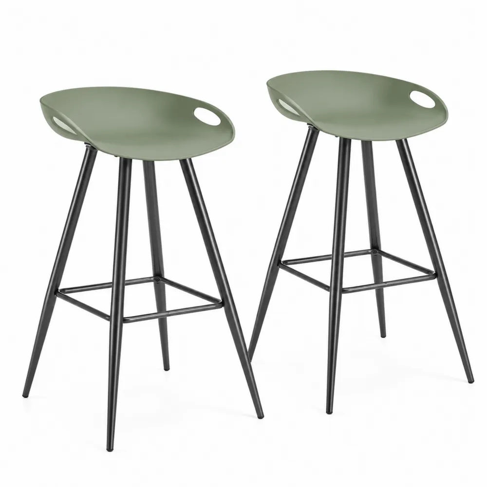 Ensemble de 2 tabourets de bar en plastique vert kaki et métal noir hauteur 65 cm