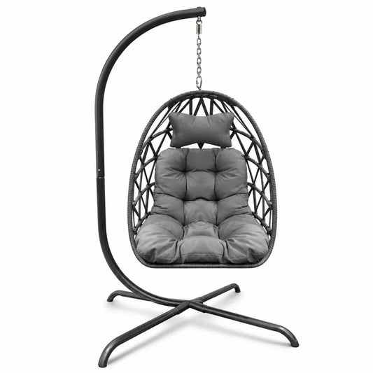 Chaise suspendue en rotin avec coussin gris et support en acier