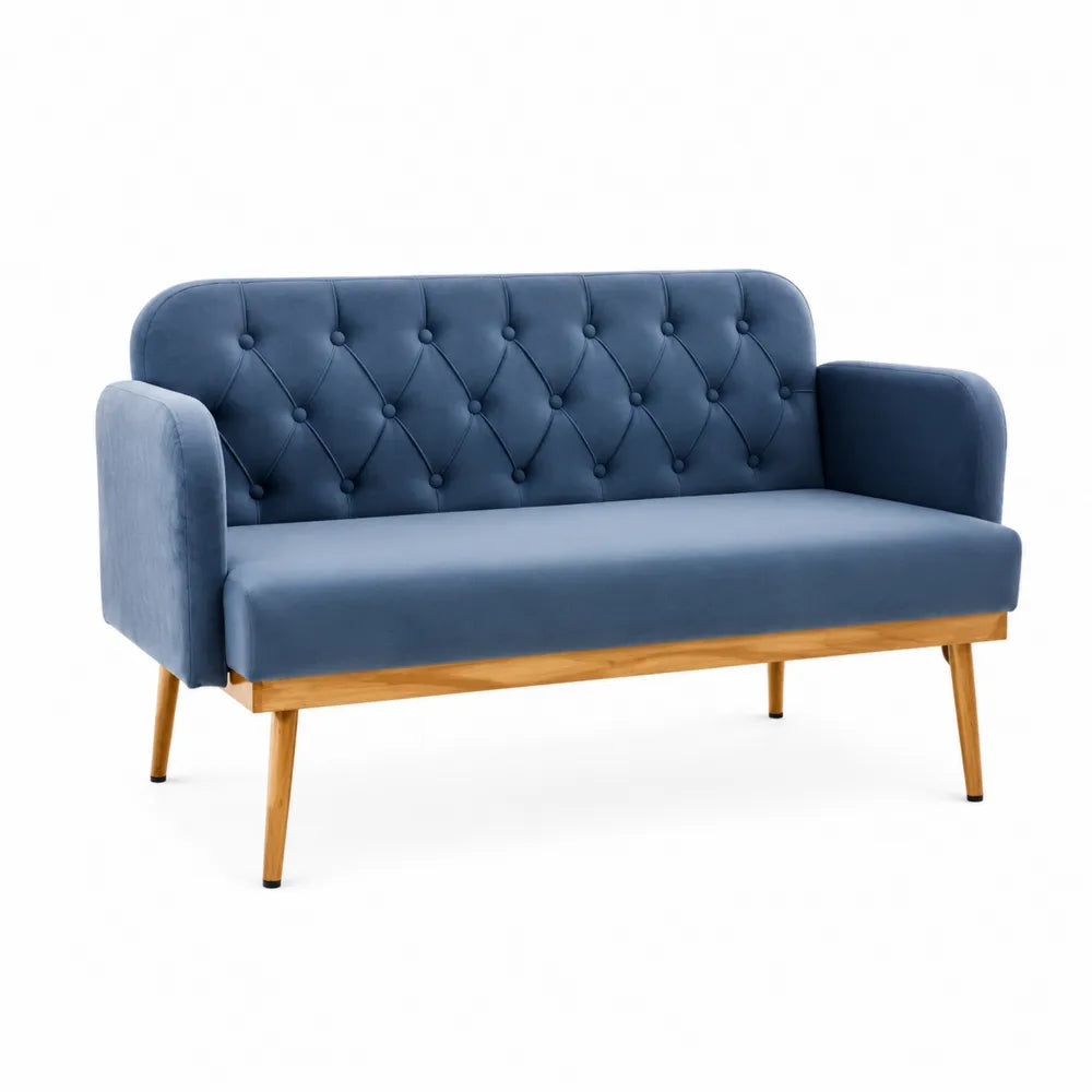 Canapé en Velours Bleu avec Pieds en Bois