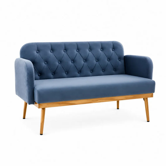 Canapé en Velours Bleu avec Pieds en Bois