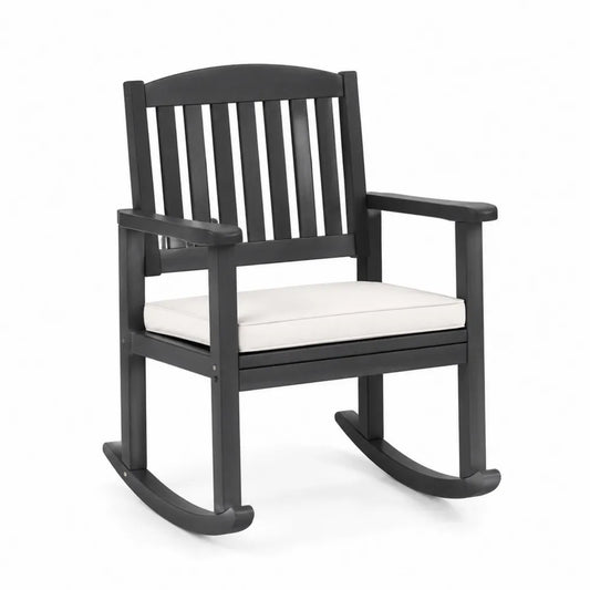 Chaise à bascule extérieure en bois composite noir avec coussin blanc