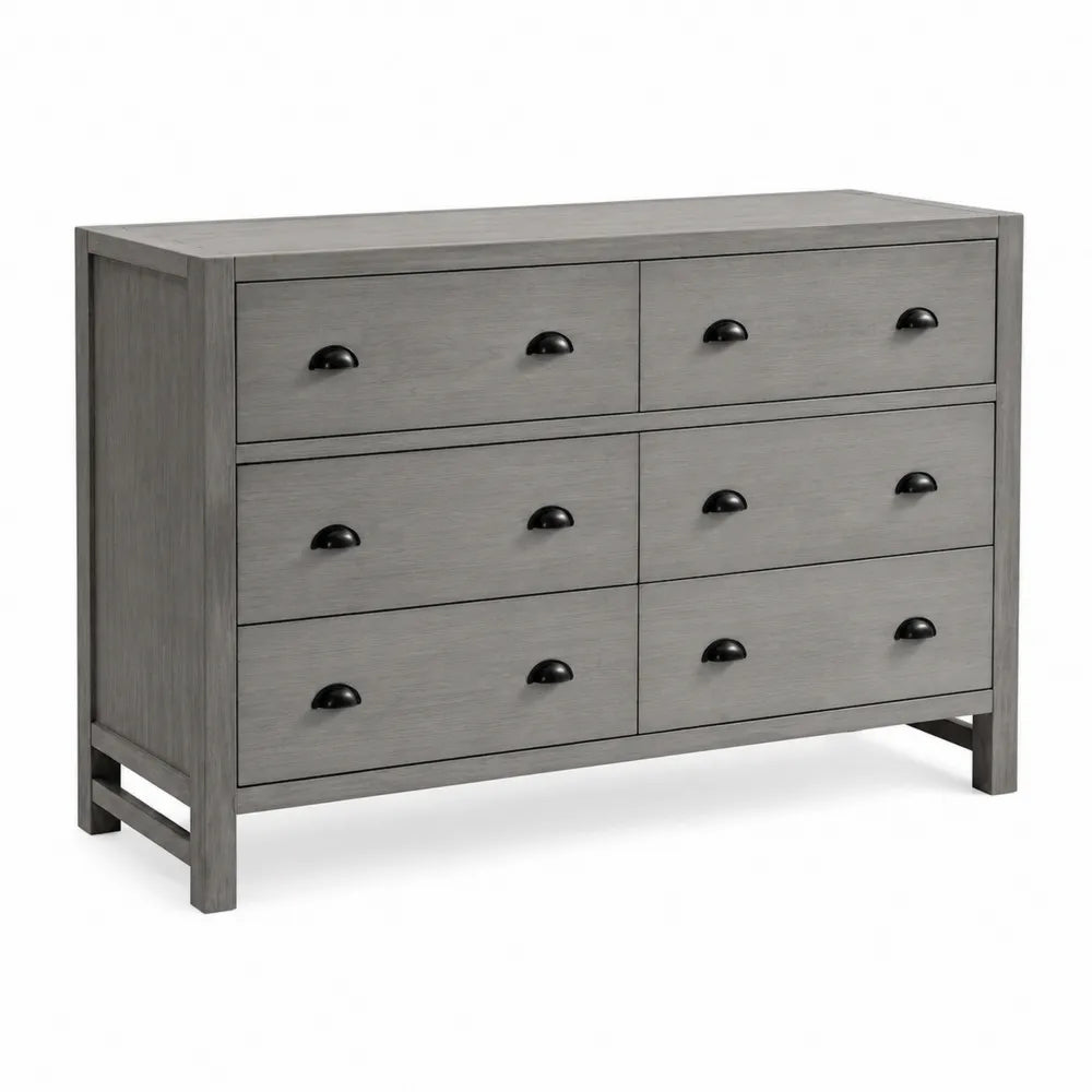 Commode en bois de pin gris avec poignées en métal noir, 6 tiroirs