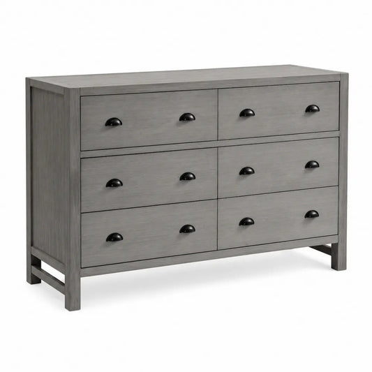 Commode en bois de pin gris avec poignées en métal noir, 6 tiroirs