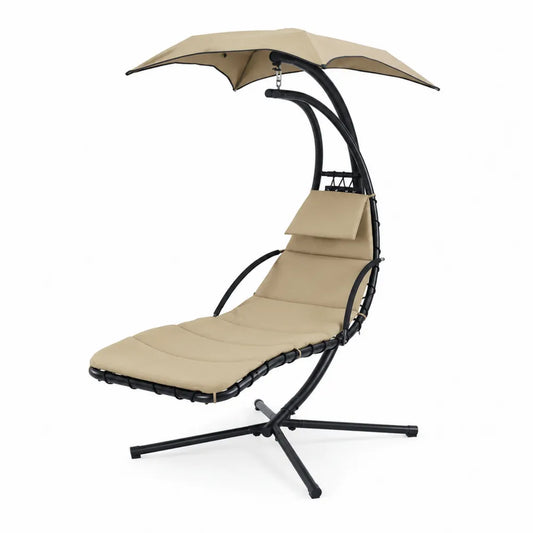 Chaise longue suspendue avec parasol en acier et coussin beige