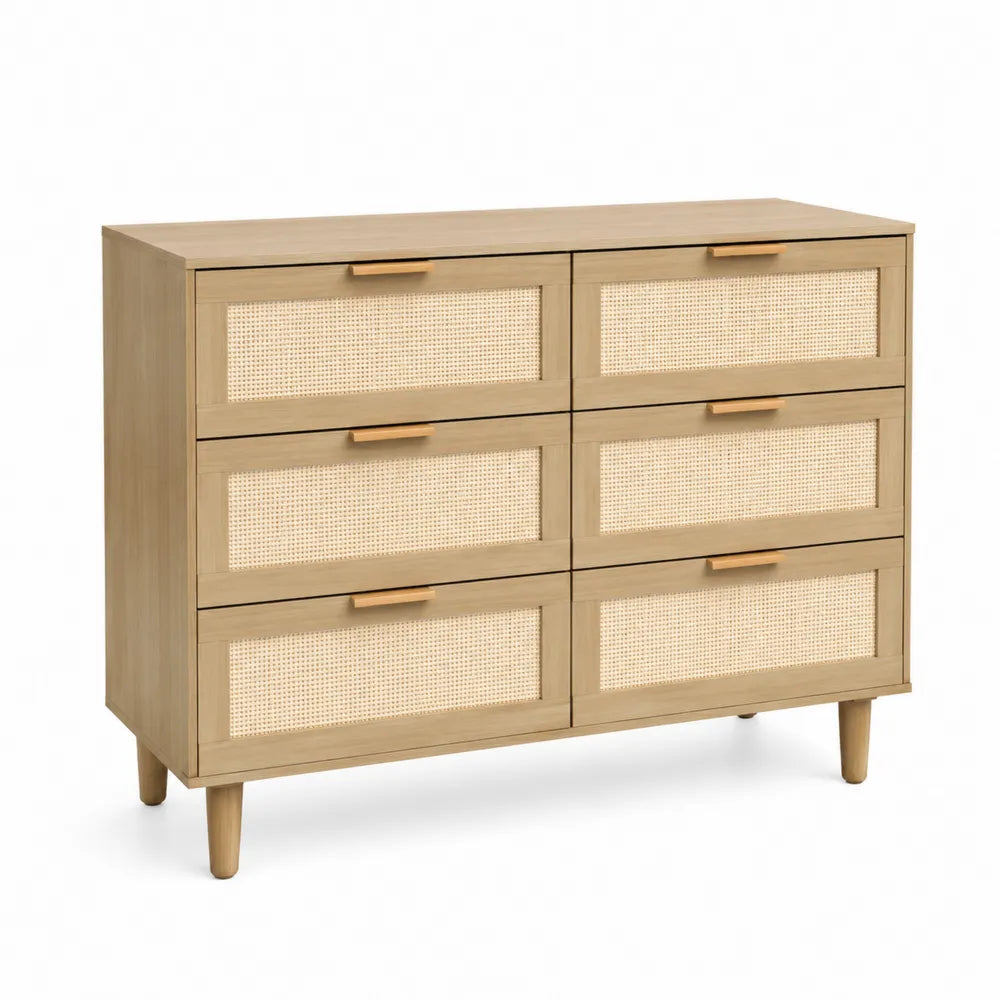 Commode en bois et rotin tressé à 6 tiroirs, 120x40x80 cm