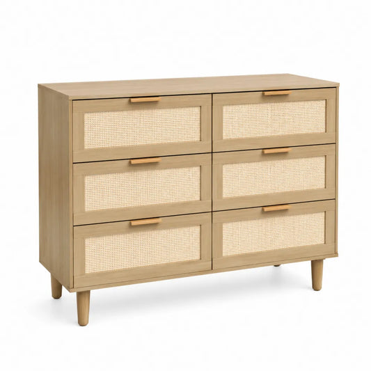 Commode en bois et rotin tressé à 6 tiroirs, 120x40x80 cm