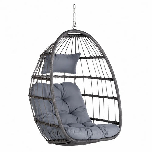 Chaise suspendue en métal et résine tressée avec coussin gris