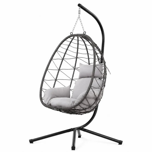 Chaise suspendue en résine tressée avec coussin gris et support en métal