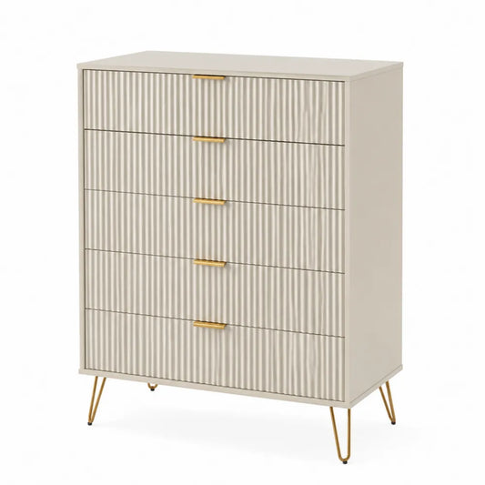 Commode 5 tiroirs en bois beige avec poignées métalliques dorées
